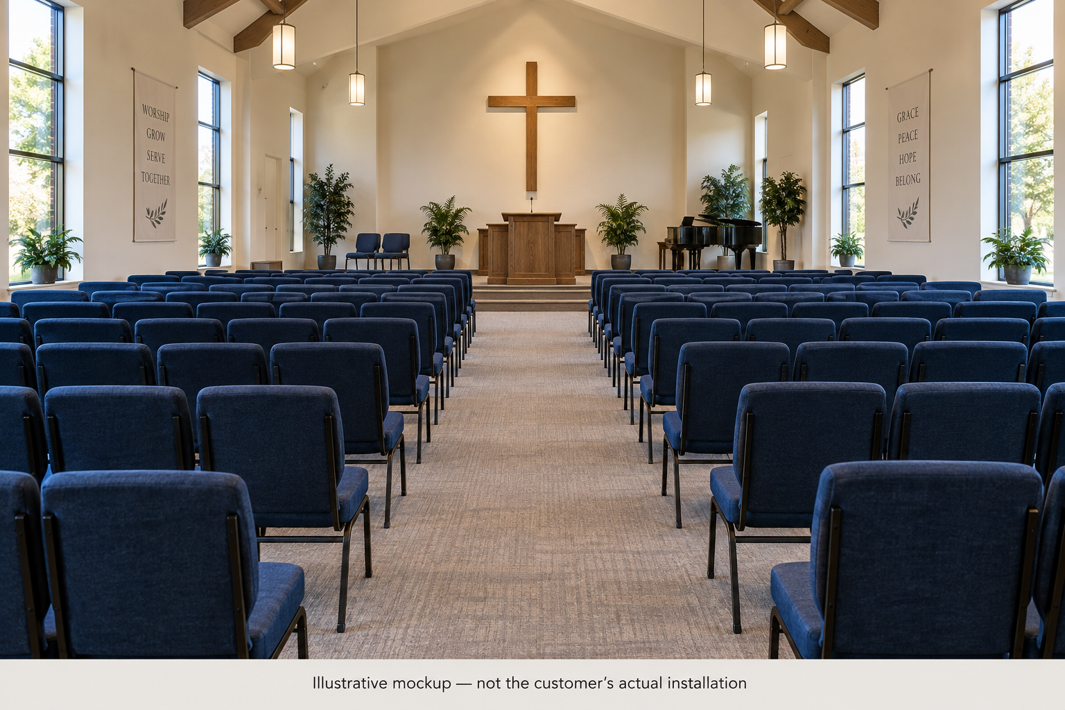 AI-generated illustration of a church sanctuary with navy upholstered chairs; not Eternal Refuge's actual installation